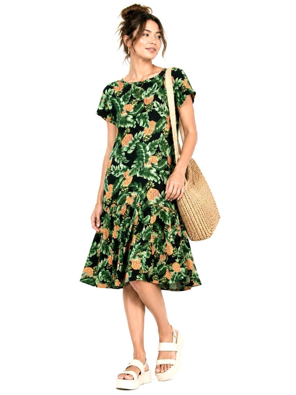 Vintage Hilo Hattie Hawaiian Pineapple Dress 100% Cotton Made USA Tropical Large